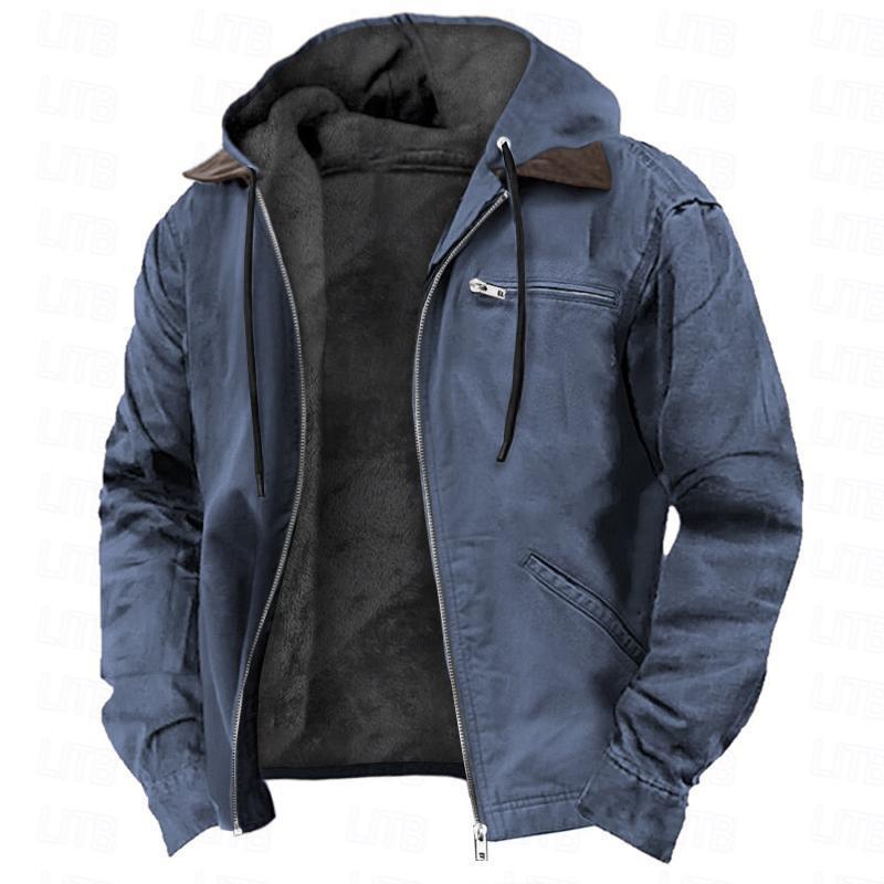 Men’s Winter Hooded Coat – Warm Fleece Zip-up Jacket with Pockets