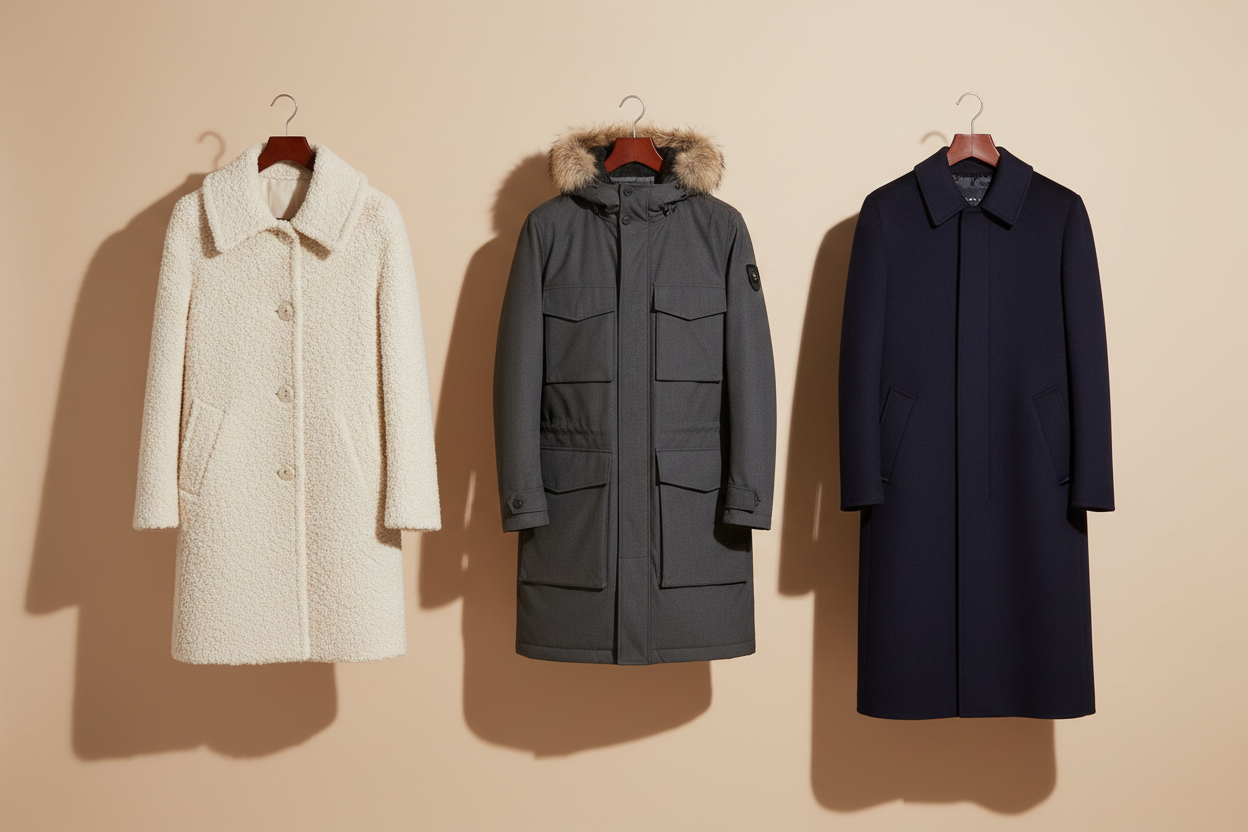 Winter jackets and coats displayed on hangers in studio setting