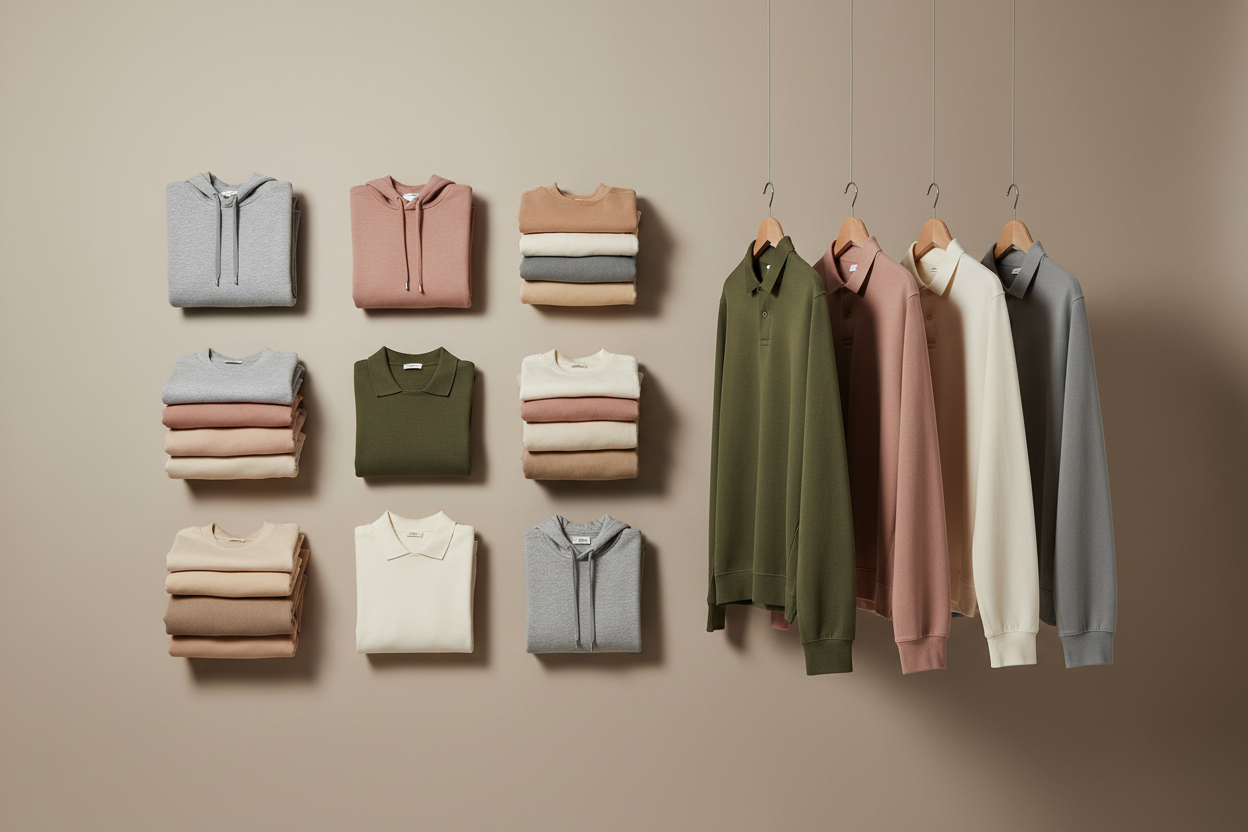 Hoodies and polo shirts displayed in clean studio layout