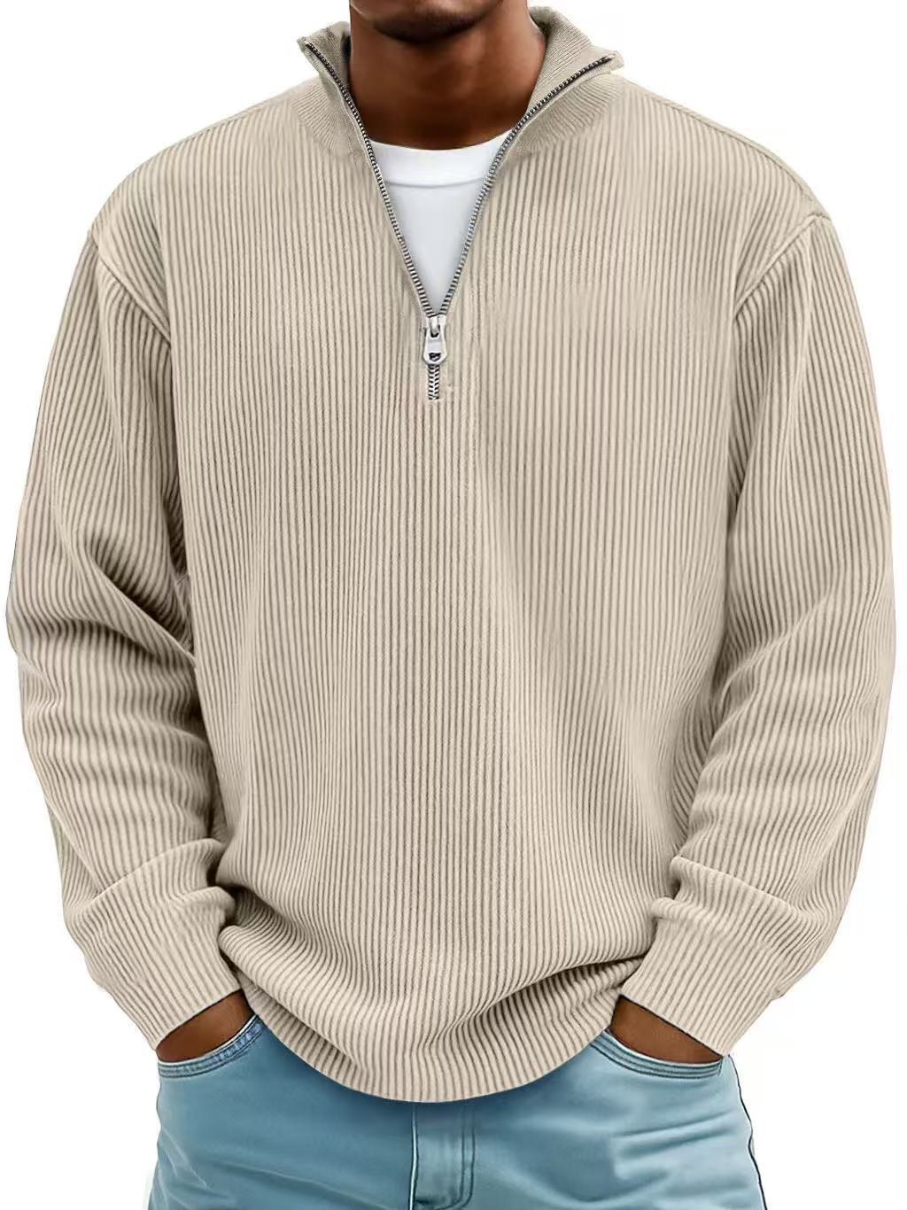 Men’s Corduroy Zipper Stand Collar Sweatshirt – Solid Color Long Sleeve Top