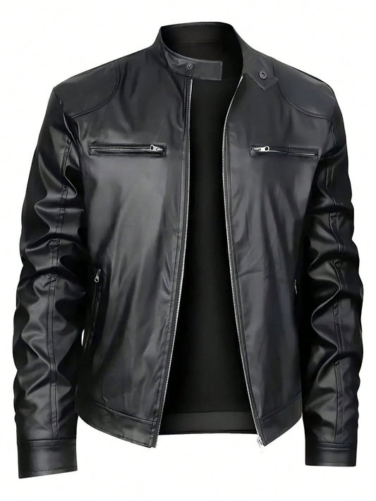 Men’s Stand-up Collar Leather Jacket – Business Casual Outerwear