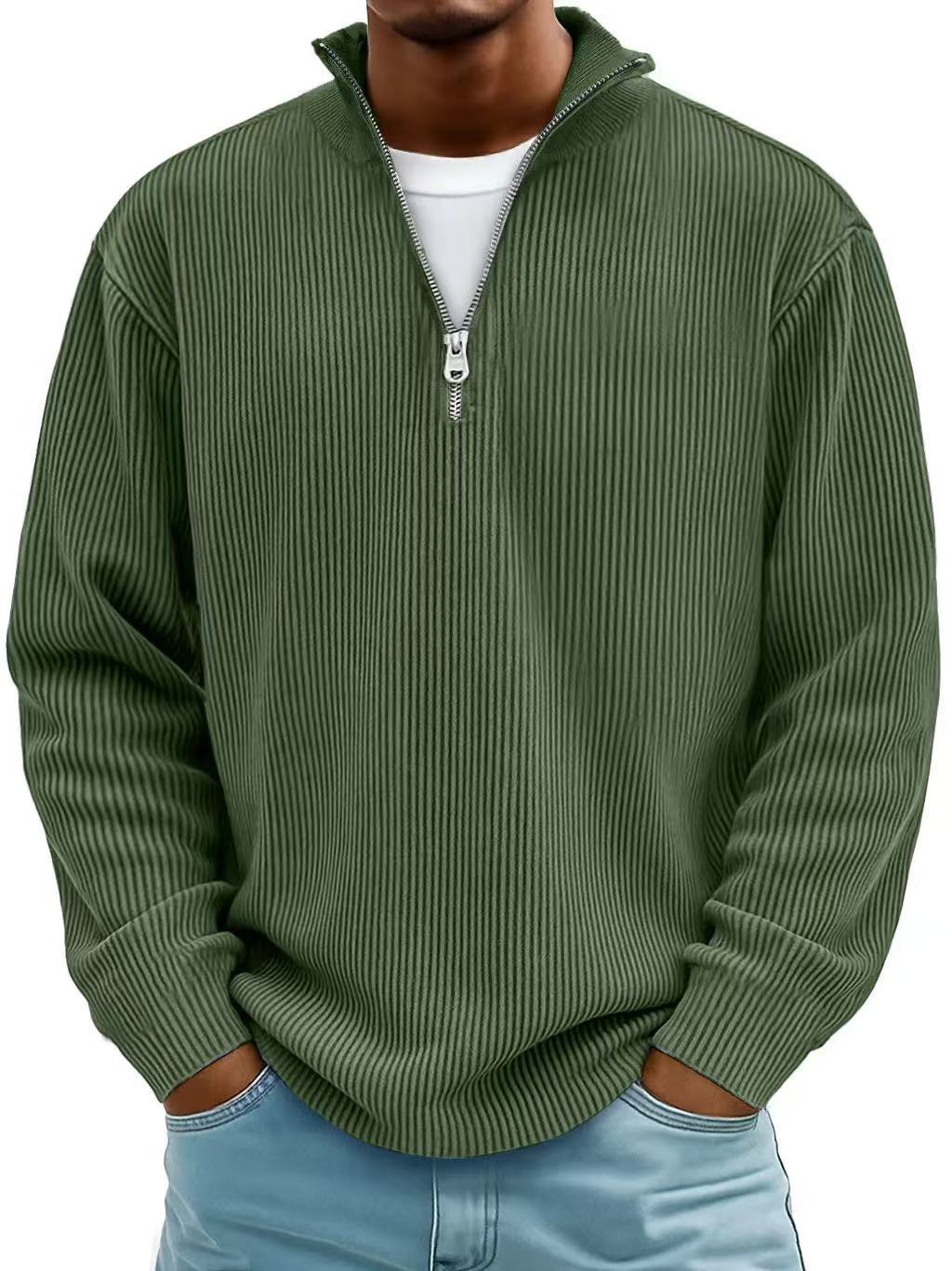 Men’s Corduroy Zipper Stand Collar Sweatshirt – Solid Color Long Sleeve Top