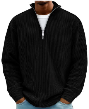 Men’s Corduroy Zipper Stand Collar Sweatshirt – Solid Color Long Sleeve Top