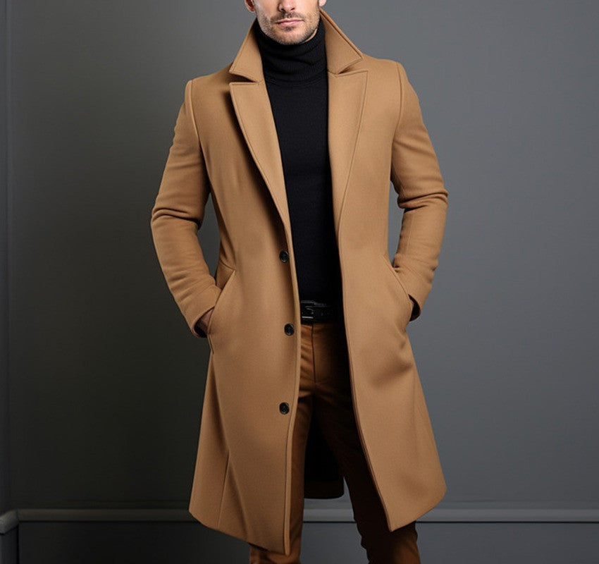 Men’s Mid-length Trench Coat – Slim Fit Single-breasted Collar Jacket