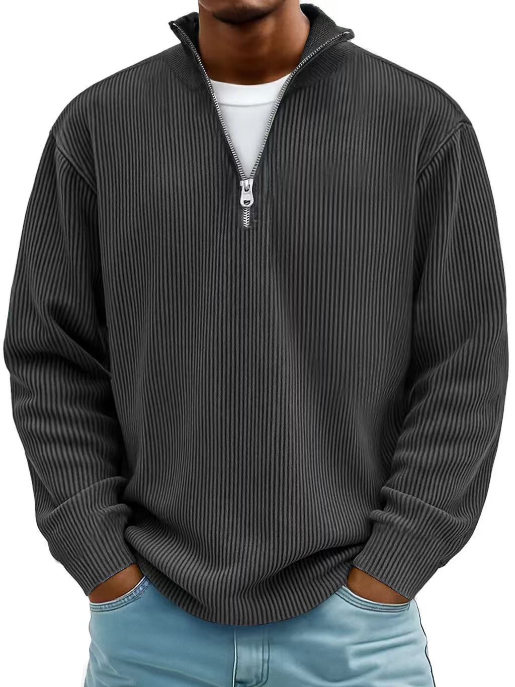 Men’s Corduroy Zipper Stand Collar Sweatshirt – Solid Color Long Sleeve Top