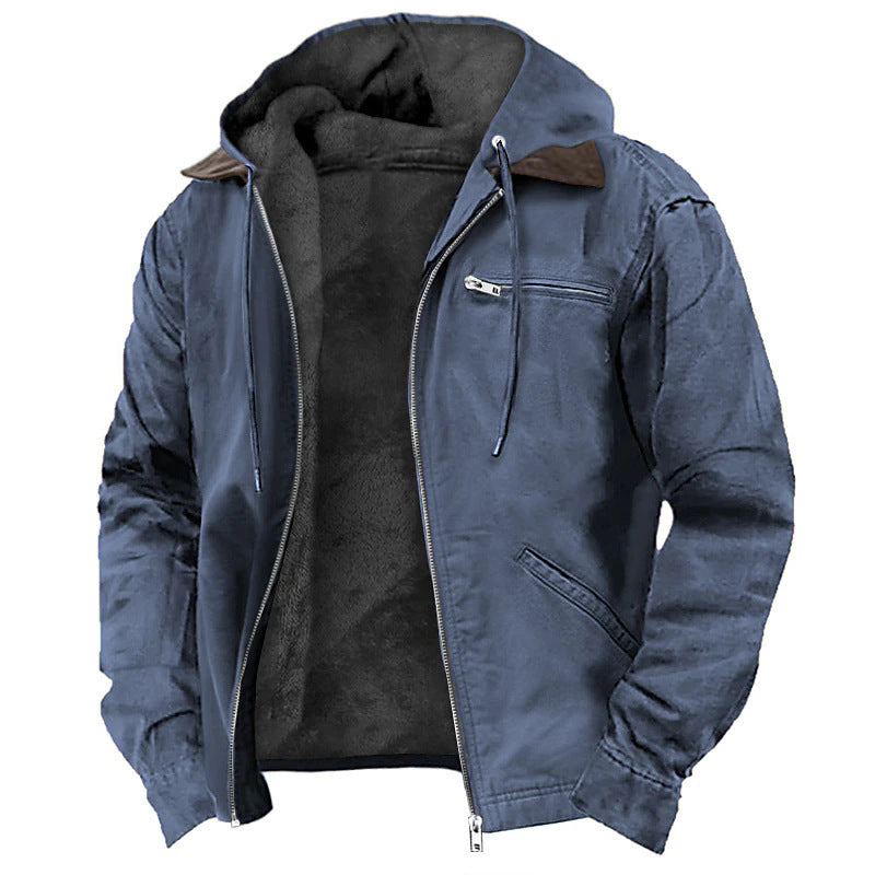 Men’s Winter Hooded Coat – Warm Fleece Zip-up Jacket with Pockets