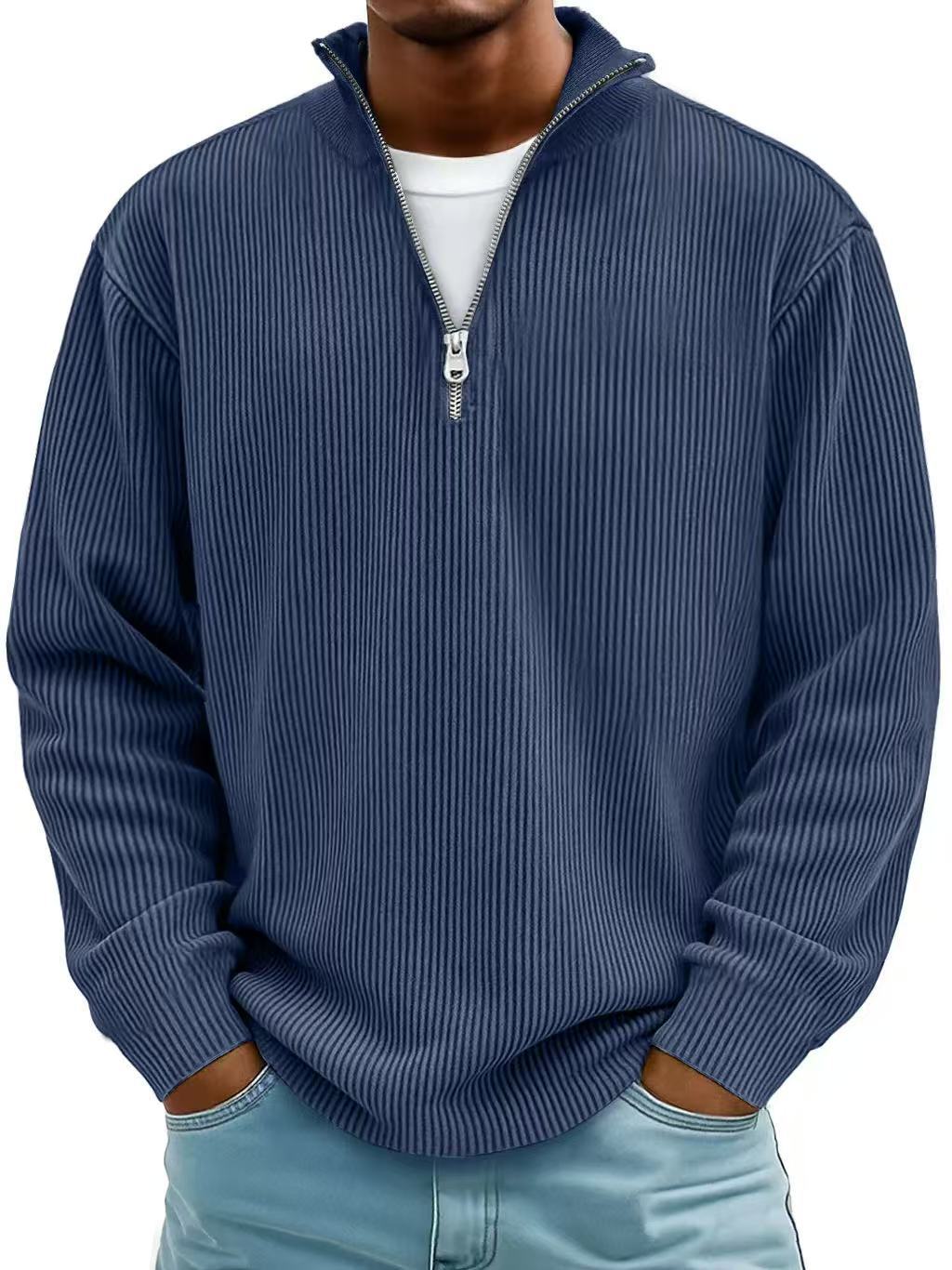 Men’s Corduroy Zipper Stand Collar Sweatshirt – Solid Color Long Sleeve Top