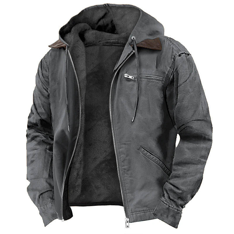 Men’s Winter Hooded Coat – Warm Fleece Zip-up Jacket with Pockets