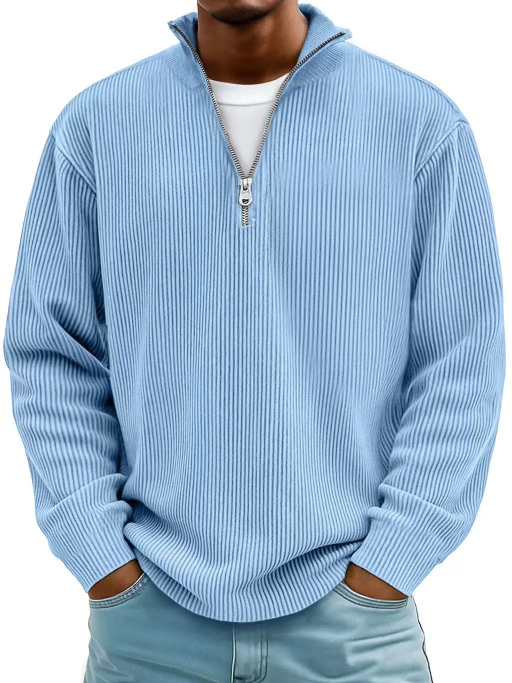 Men’s Corduroy Zipper Stand Collar Sweatshirt – Solid Color Long Sleeve Top