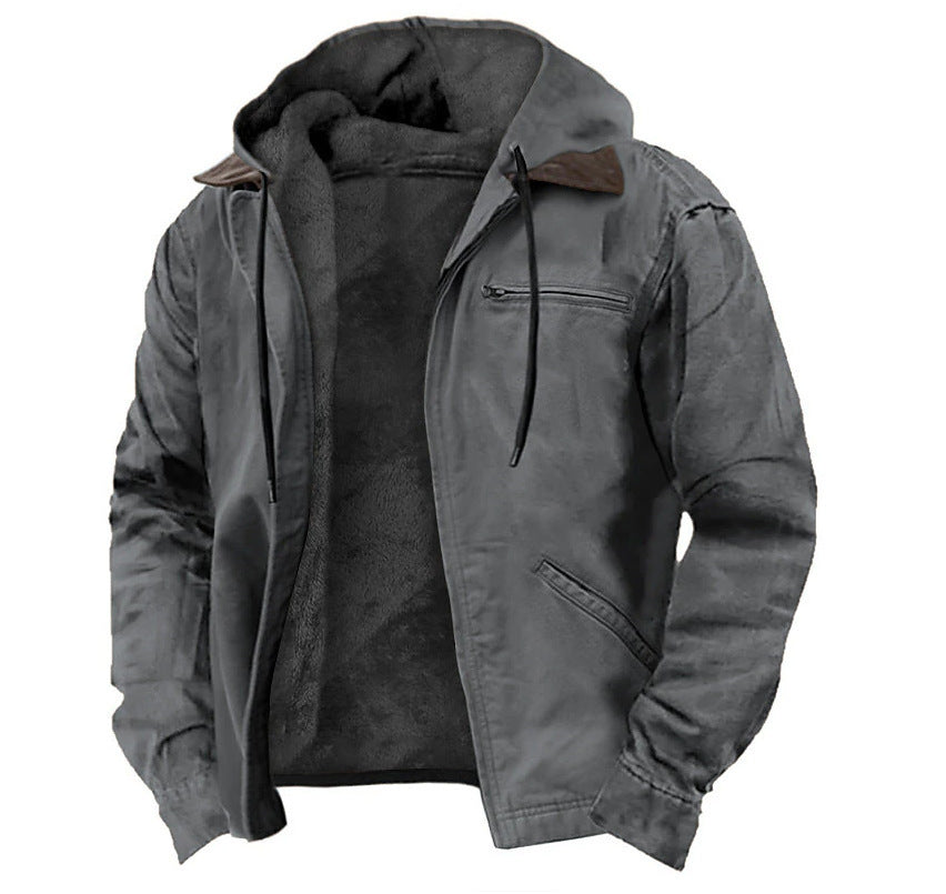 Men’s Winter Hooded Coat – Warm Fleece Zip-up Jacket with Pockets