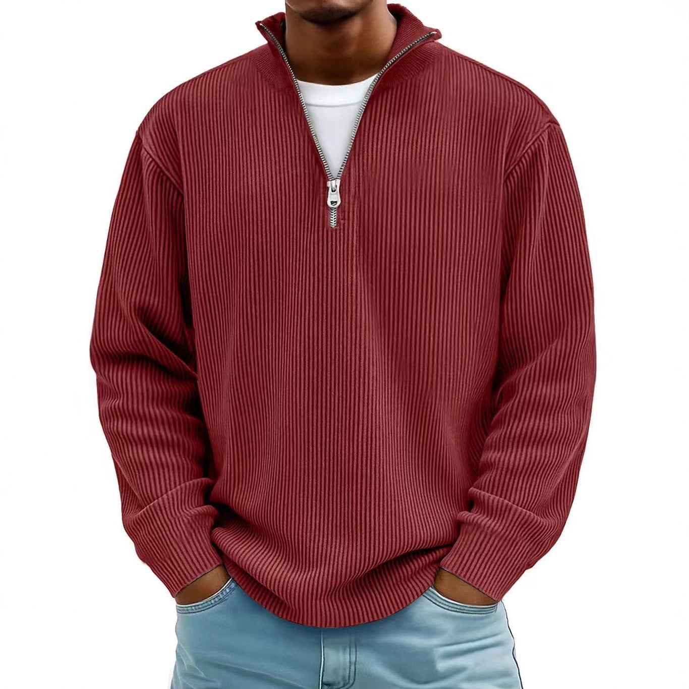 Men’s Corduroy Zipper Stand Collar Sweatshirt – Solid Color Long Sleeve Top