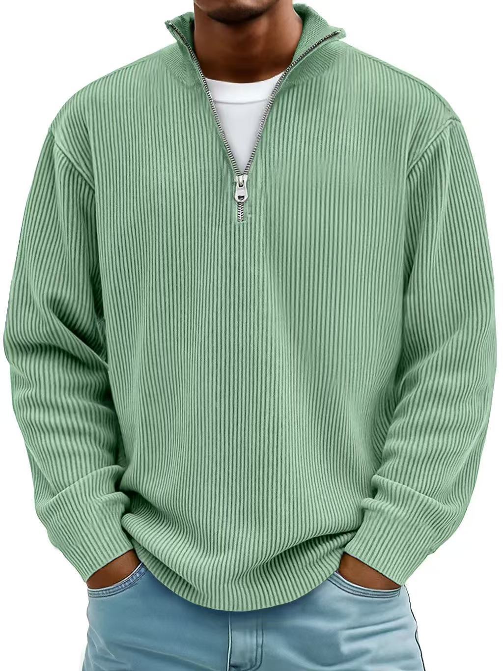 Men’s Corduroy Zipper Stand Collar Sweatshirt – Solid Color Long Sleeve Top