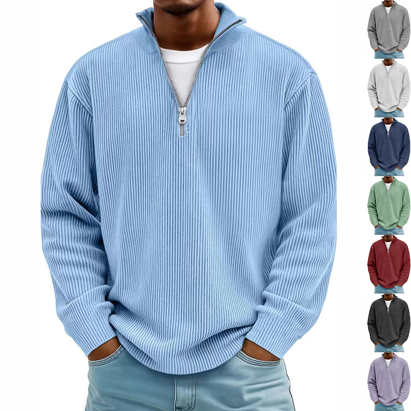Men’s Corduroy Zipper Stand Collar Sweatshirt – Solid Color Long Sleeve Top