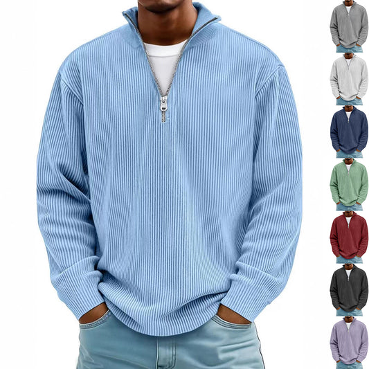 Men’s Corduroy Zipper Stand Collar Sweatshirt – Solid Color Long Sleeve Top