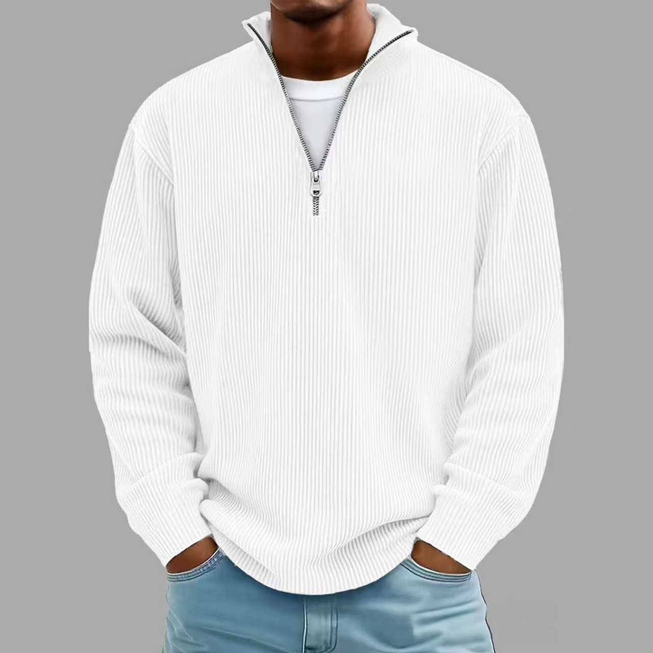Men’s Corduroy Zipper Stand Collar Sweatshirt – Solid Color Long Sleeve Top