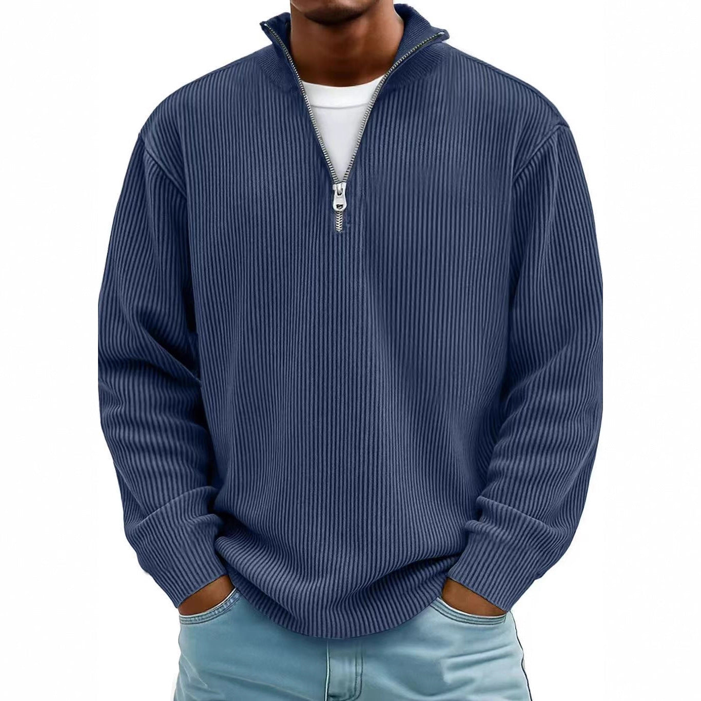Men’s Corduroy Zipper Stand Collar Sweatshirt – Solid Color Long Sleeve Top