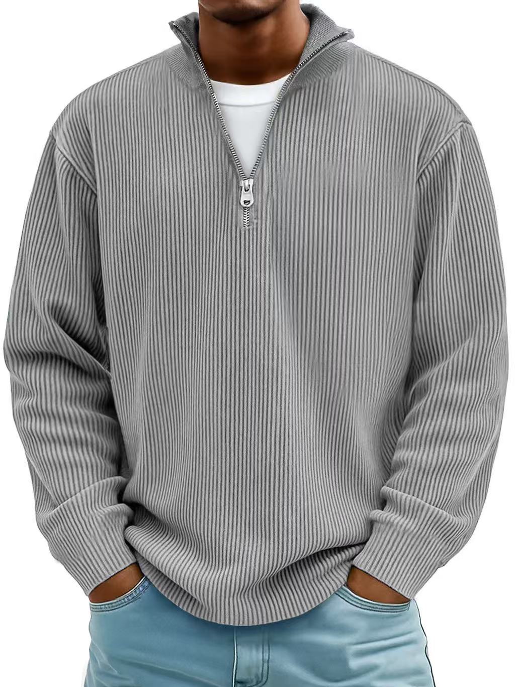 Men’s Corduroy Zipper Stand Collar Sweatshirt – Solid Color Long Sleeve Top