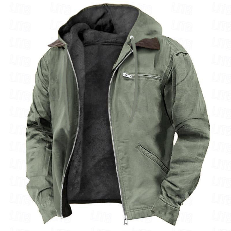 Men’s Winter Hooded Coat – Warm Fleece Zip-up Jacket with Pockets