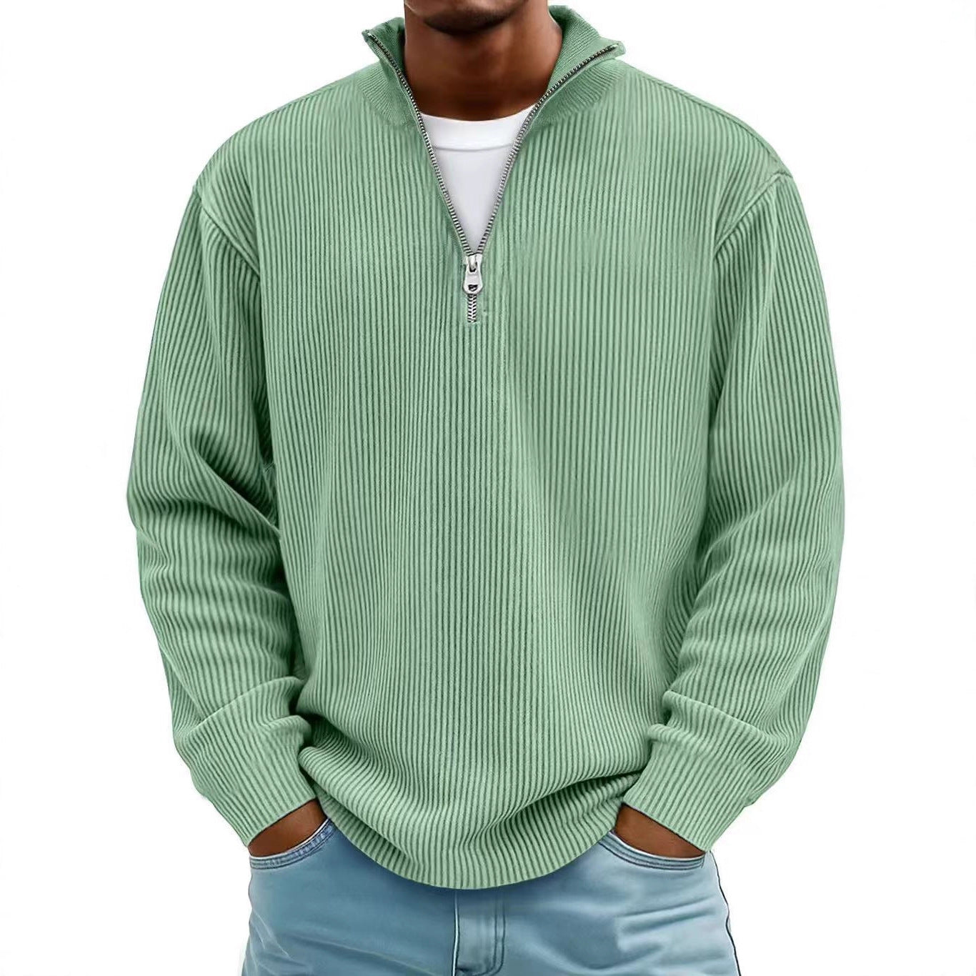 Men’s Corduroy Zipper Stand Collar Sweatshirt – Solid Color Long Sleeve Top