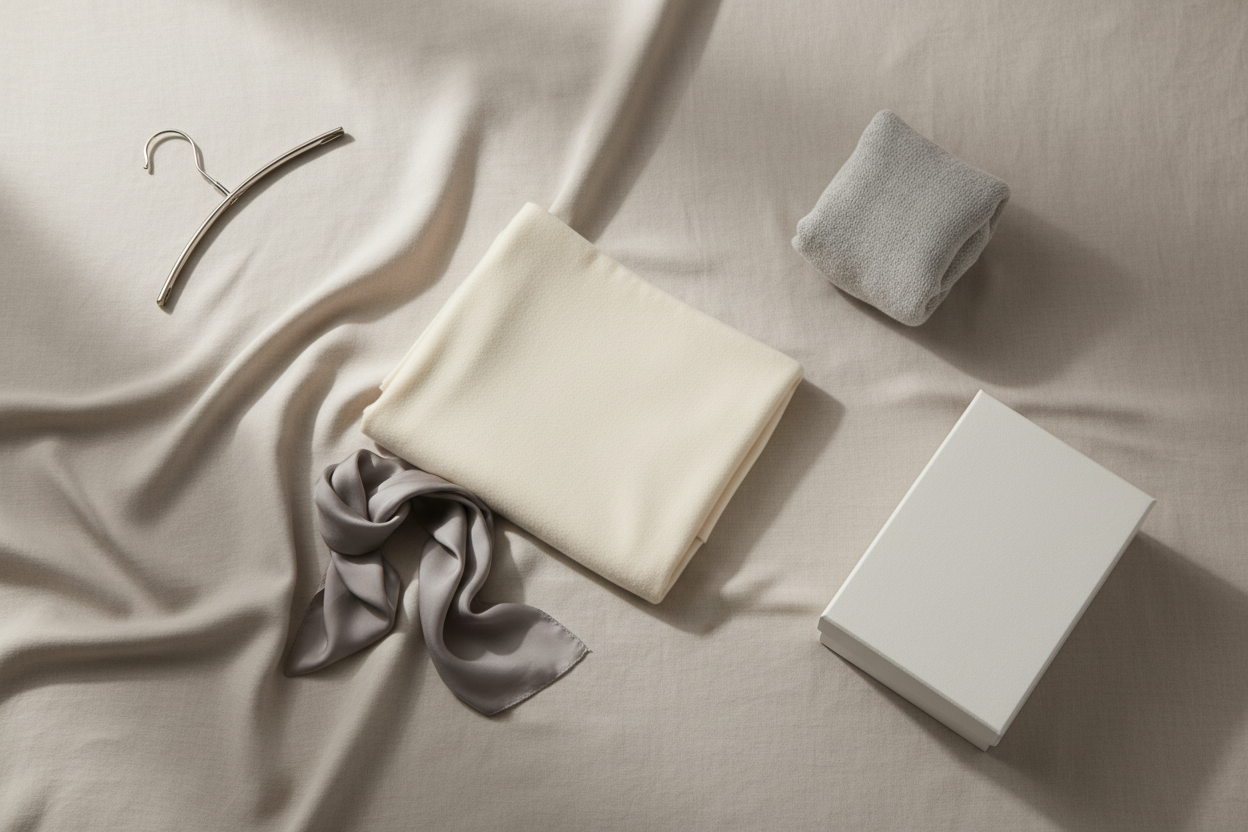 Minimalist e-commerce hero banner background for a modern fashion brand, neutral light background with soft fabric textures, subtle shadows, premium aesthetic, clean and elegant style, flat-lay inspired composition, no people, no text, suitable for clothing store homepage, high resolution, modern Shopify theme style